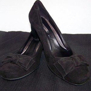 Ecco Bow Loafer Pumps Black Suede Block Heel